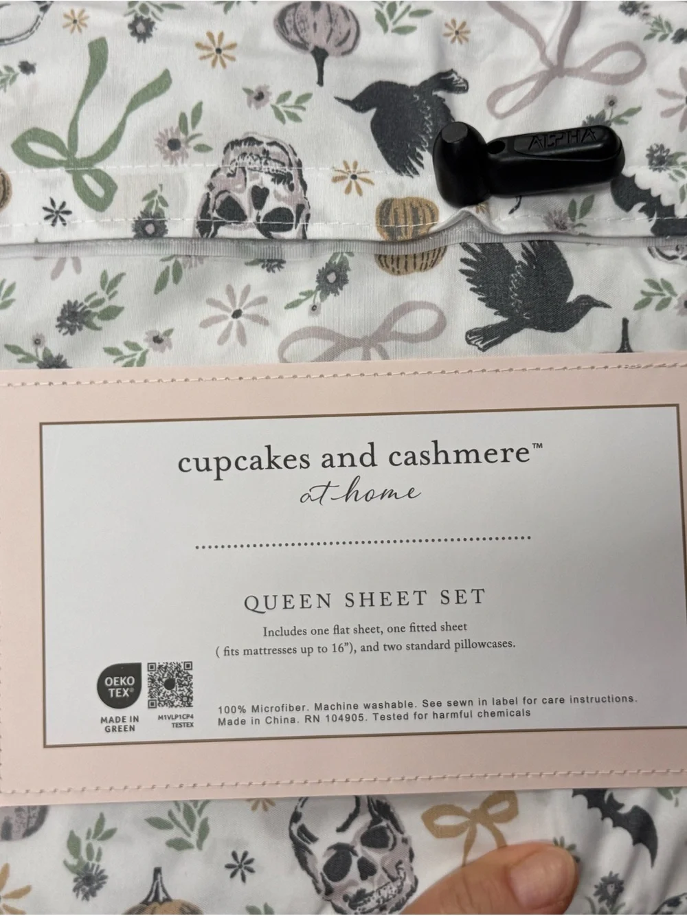 cupcakes & cashmere Halloween Skull Queen Sheet Set in White, Black, Green, Gold